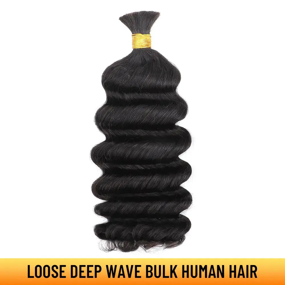 YGwigs Loose Deep Wave Double Drawn Bulk Human Hair Extensions for Boho Knotless Braiding Natural Black