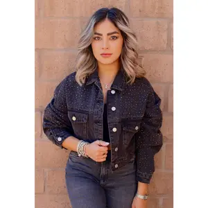 Black Cropped Denim Jacket with Rhinestones