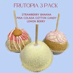 FRUTOPIA 3 PACK Gourmet Caramel Strawberry Banana, Pina Colada Cotton Candy, and Lemon Berry Cheesecake