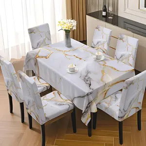 5/7 Pcs Premium White Gold Marble Texture Tablecloth & Chair Cover Set, Modern Luxury Minimalist Style, Stretch Full Wrap Removable Washable Dining Chair Slipcover, For Family Home, Daily Dining, Holiday Gathering, Birthday Party Decor