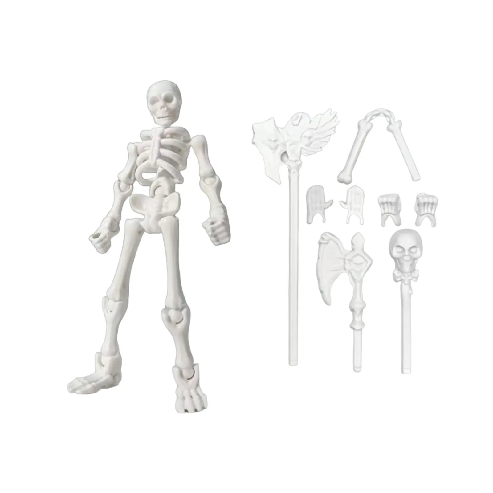 Smooth Plastic Halloween Movable Articulated Human Skull Skeleton Action Figure with Weapons - DIY Horror Sculpture Decoration, Desktop Decor, Pretend Play & Battle Scene Setup Gift-Worthy Collectible Home Prop, Shelf/Desk