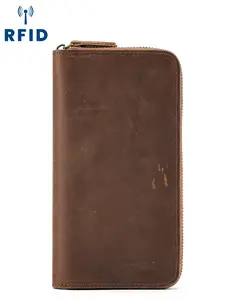 Men's Long Wallet Vintage Crazy Horse Leather, Genuine Leather Money Clip, RFID Blocking Business Handbag, High-End Feel