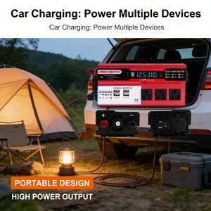Portable Vehicle Power Converter DC 12V to 110V AC with 3 AC Sockets 4 USB Charging Ports 5000W Peak Car Inverter for Truck RV Camping Outdoor Activities Emergency Power Built-in Overload Overheat Short Circuit Protection