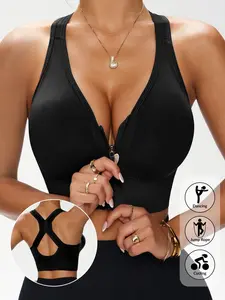 Women's Cross Back Sports Bra with Front Zip, Fitness Back Support Bra for Yoga, Comfortable Pullover Design, Workout Bras, Activewear