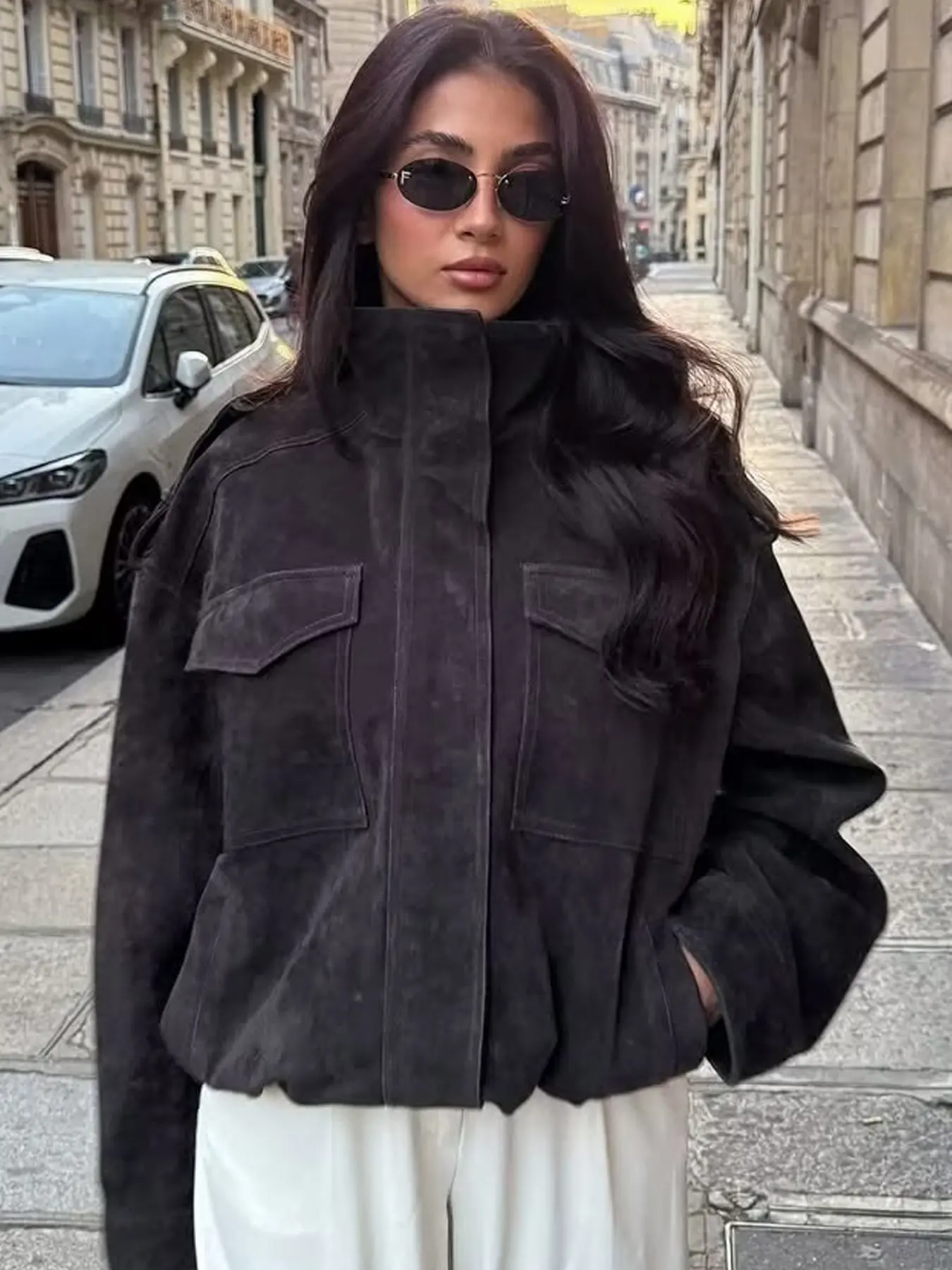 Women's Jacket Faux Suede Jacket Demi-Season 2026 Ladies Fashion Oversized Casual Darkgrey Long Sleeve Big Pockets Outerwears Weekend Outings & Fashion Shoots Jackets Coats Womenswear