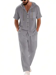 Men's Summer Linen Beachwear Set, Casual Loose-Fit Short Sleeve Hooded Shirt & Long Pants, Breathable Cotton Blend