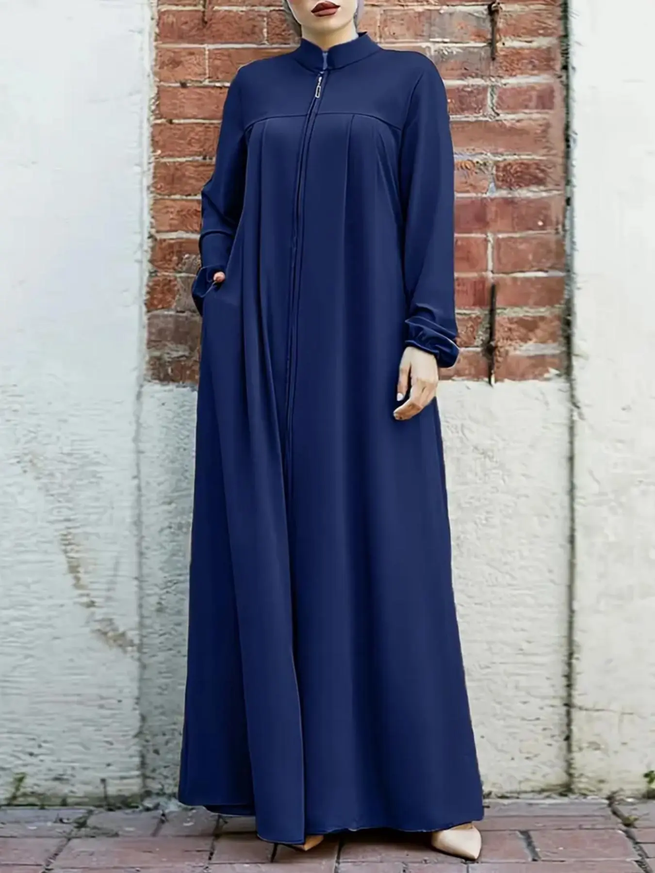 Fashionable Women's Simple Solid Color Vintage Stand Collar Zipper Long Loose Arab Abaya Dress, Modesty Muslim Clothing, Modest All Seasons Islamic Abaya, Loose Abayas, Modest Muslim Outfits, Islamic Modesty Clothes