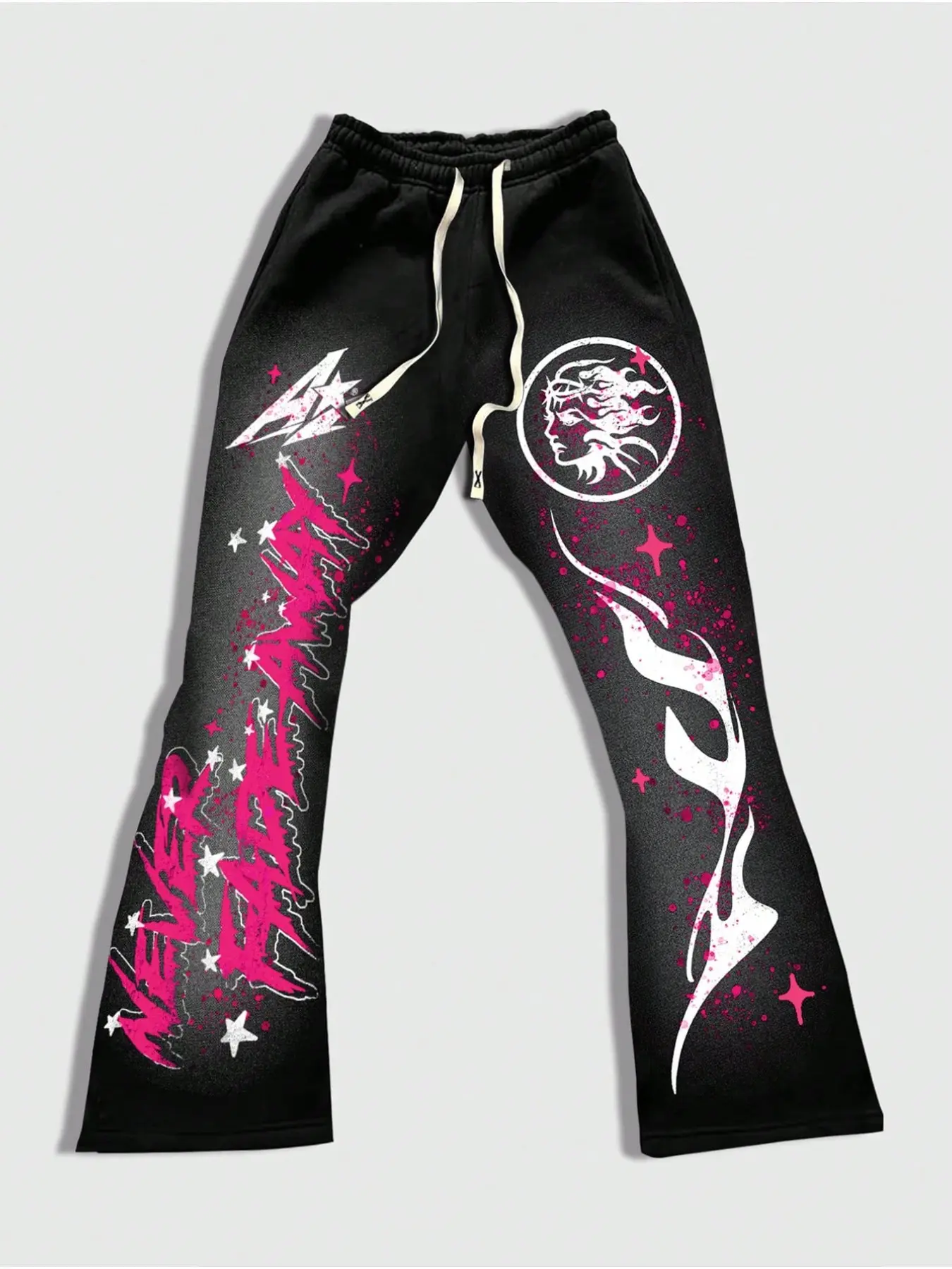 Men's and Women's Flame Letter Print Casual Flared Pants, Unisex Black Printed Leisure Sweatpants, Fashionable Sports Pants for Spring and Autumn, Drawstring Waist Sweatpants, Flare Sweats