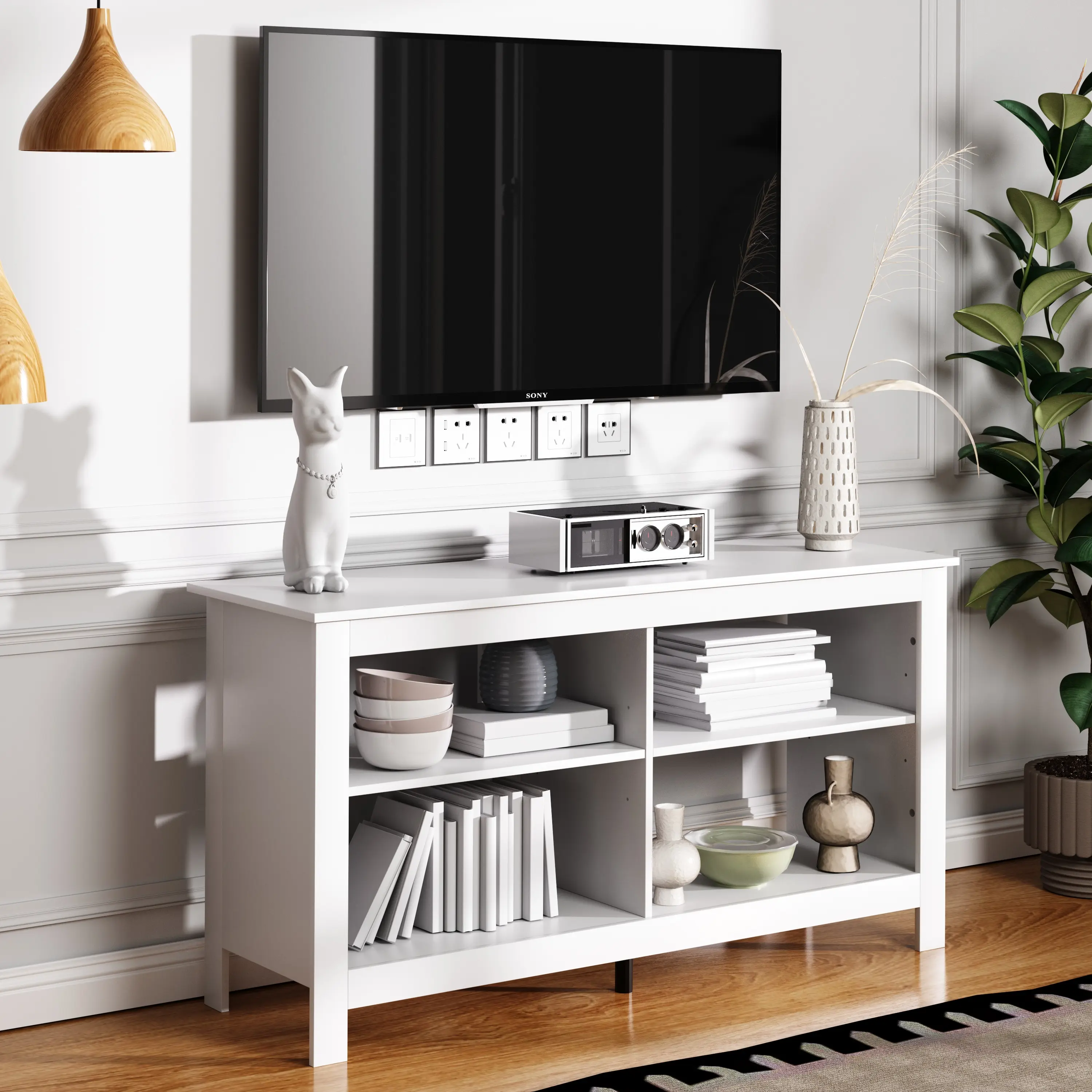 TV Stand with 4 Open Shelves Farmhouse TV Media Console up to 49 inch TV,Entertainment Center,Modern Mid Century TV Console,Storage Cabinets For Bedroom,Living Room,Hallway, Wood TV Stand,Gaming Media Stand Furniture