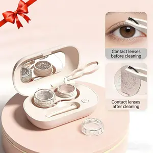 Contact Lens Cleaner, Portable Ultrasonic Contact Lens Cleaning Machine with USB Charger and Solution Soak Case Kit for Soft Lens, Colored Contact Lens, Hard Lens, RGP Lens and OK Lens (Pink)