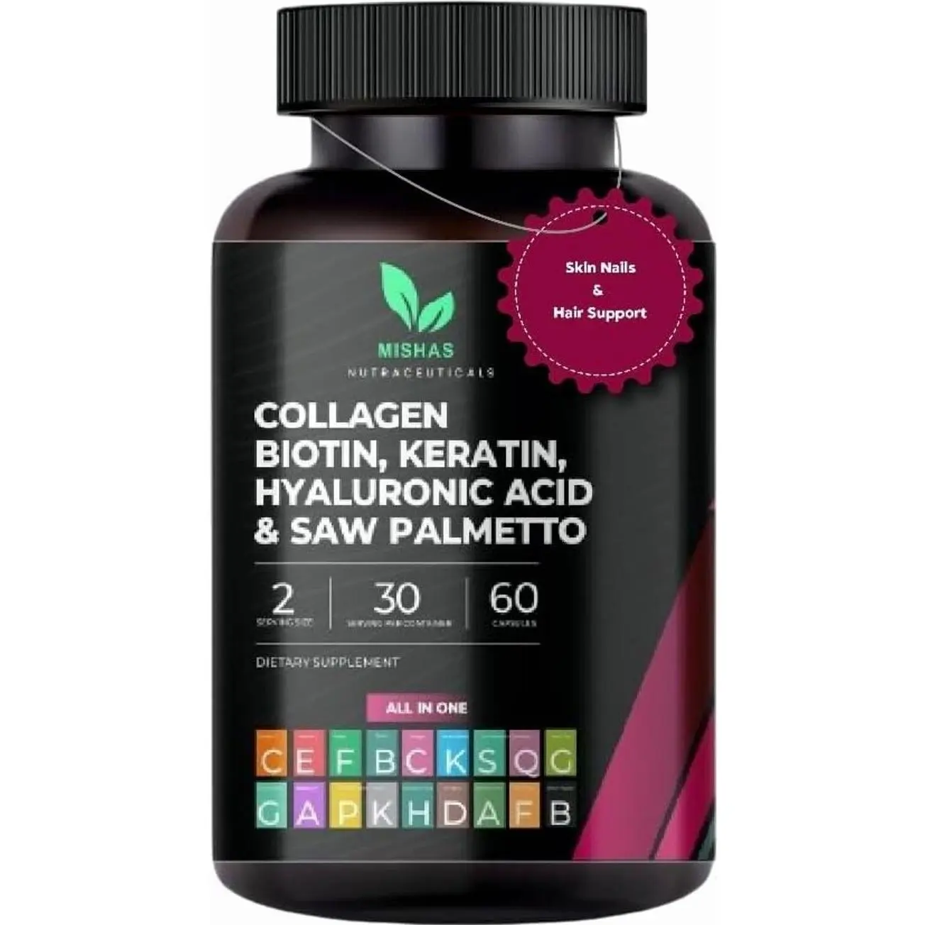 Multi Collagen Hair Pills - Biotin 10,000mcg, Keratin & Hyaluronic Acid - Hair Growth - Hair Skin & Nails Vitamins & DHT Blocker - Vitamin E Folic Acid Pumpkin Seed MSM, Saw Palmetto 60 Vegan Capsules