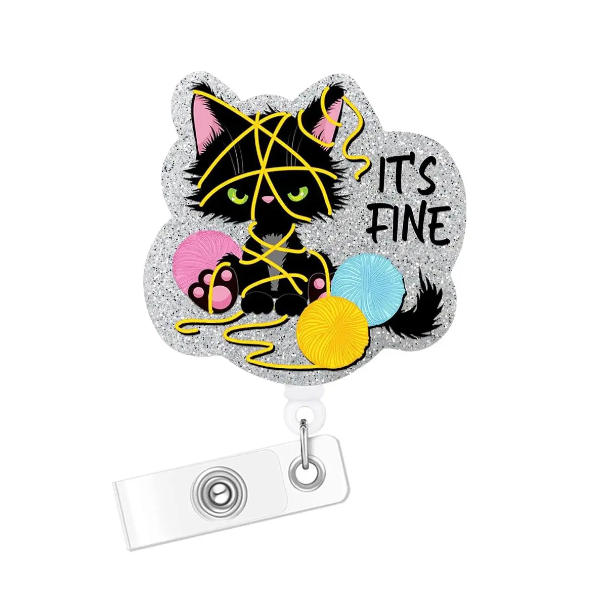 Cartoon Cat Pattern Retractable ID Badge Holder, Acrylic Glitter Retractable Badge Reel, Name Badge Holder, ID Badge Holders Retractable, Medical Badge Holder for Nurse Doctor Student Worker Volunteer, Badge Decoration