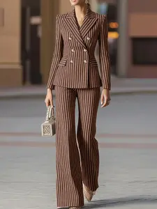 Women's Casual Striped Fitted Set, Suit, Blazer Neck Long Sleeve Button-Up Jacket + Elastic Waist Straight Leg Pants, Daily Commute, High Waisted Suits