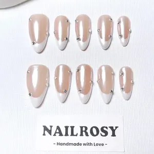 Nailrosy Handmade Acrylic Press-On Nails Set - 10Pcs Medium Size Almond, Hand-Painted, Reusable, Time-Saving French White, with Tool Kit (Wedding, Daily Wear) for Women