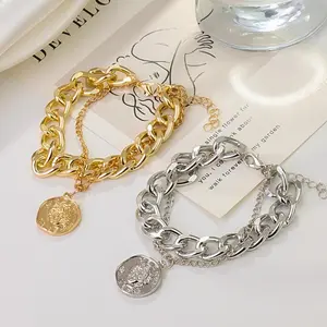 2026 New Arrival Women's Chunky Gold Plated Retro Portrait Coin Bracelet - Fashionable Bangle, Chic High-End Chain Wristband, Bold Edgy Statement Accessory for Sports Protective Gear