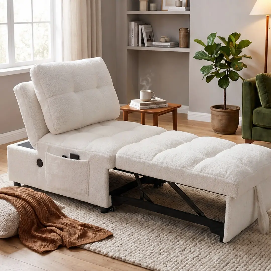 ARmless Convertible Sofa Bed - Teddy Fabric White Modern Upholstered Futon Sleeper, Cozy Reclining Armless Sofa Recliner with USB Charging Side Pocket, Adjustable Backrest, 58.55 lb, for Small Apartment Living Room, Convertible Sofas Bed