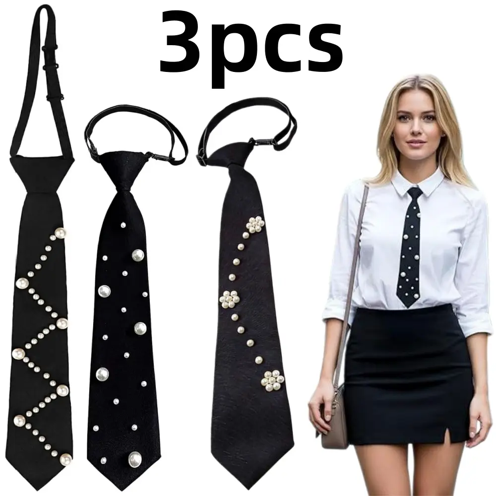 3 piece Elegant Ties Pre-Tied Silk Neck Ties Women’s Rhinestone Necktie Adjustable Length skinny ties for Party Prom Banquet Date