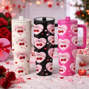 AuraCup 1pc 40oz Insulated Tumbler, Flasks, with Handle and Lid, Cute Cherry Heart Romantic Valentine Pattern, Stainless Steel Vacuum Travel Mug, Large Capacity Reusable Cup, Keeps Drinks Cold 12h Hot 6h, Valentine's Day Gift for Women, Coffee Tea Water