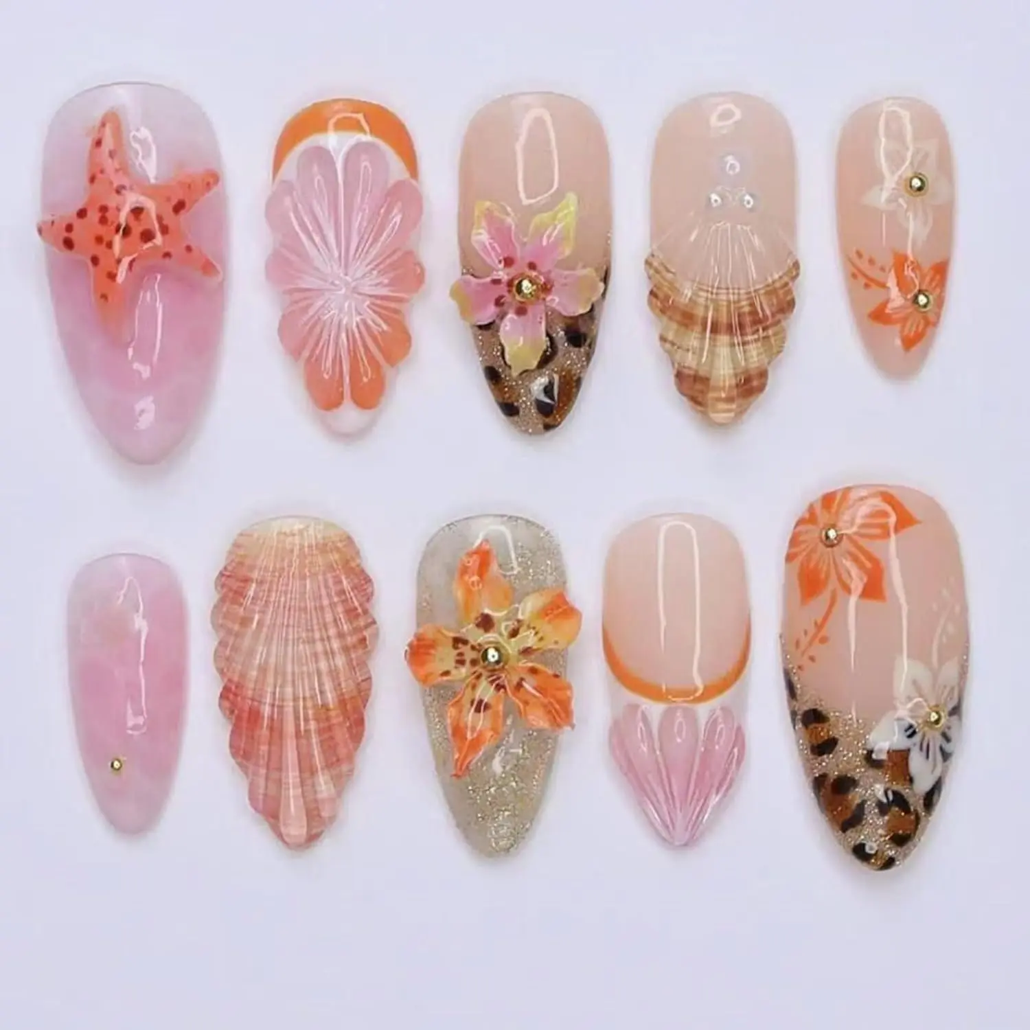 Medium Almond Press-on Nails Kit, Multi Colored French Tips with 3D Embossed Flowers, Reusable Artificial Stick-on Nails for Women, Multi Colored Nails