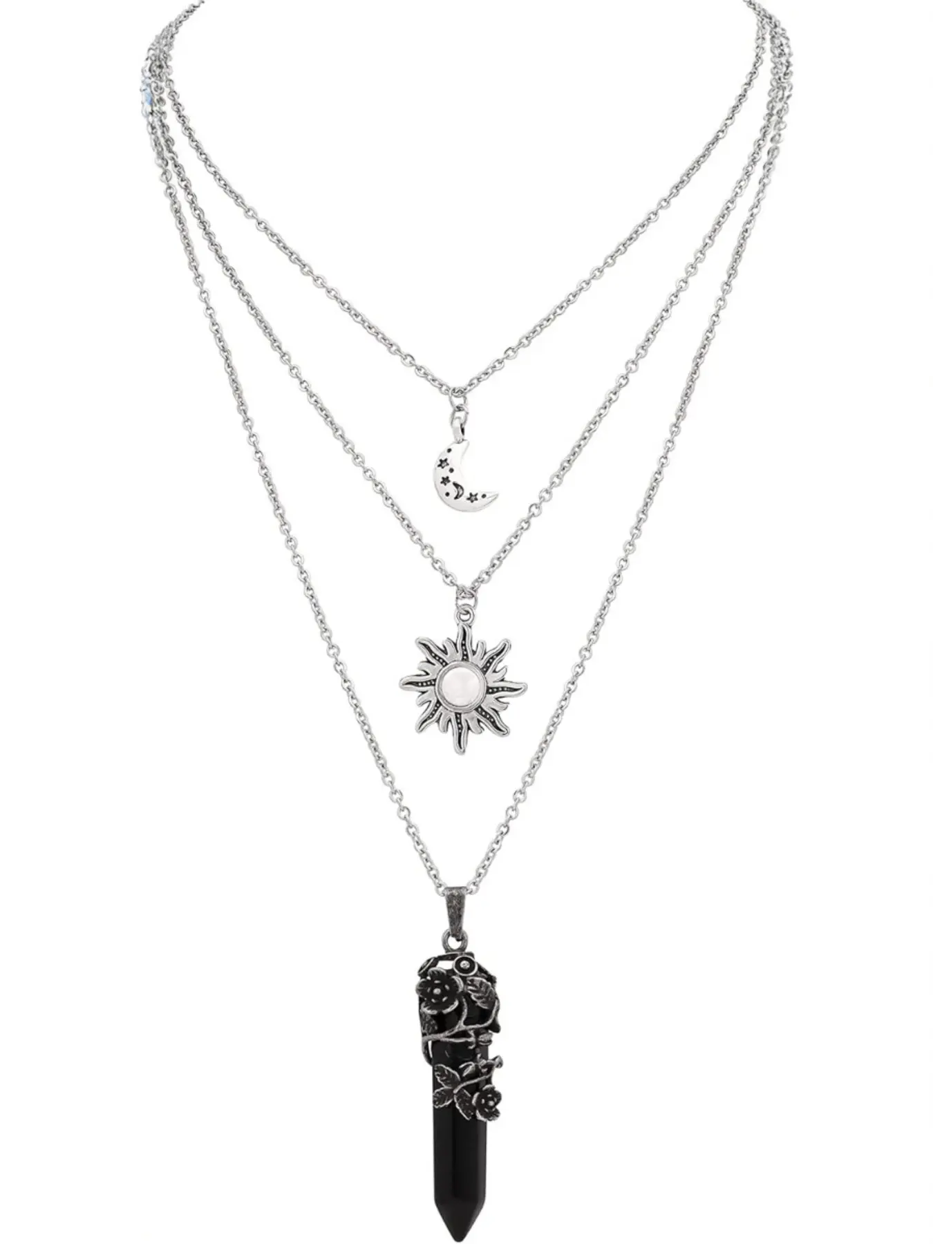 Gothic Layered Crystal Sun and Moon Necklace, Statement Necklace, Layered Necklaces, Gothic Goth Emo Grunge Necklace, Goth Jewelry, Halloween Christmas Gift For Women Gothic Style, Layering Necklaces, Accessory Necklace