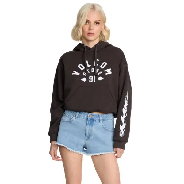 VOLCOM Women's 1991 Stoned Denim Shorts - Soft Stretchy High Waist Cut-Offs, Slouchy Fit, Raw Edge Hem, Pockets, Buttons, Secure Zipper Fly, Signature Hardware, Beach Wear, Vintage 1990s Aesthetic, Casual Bottoms