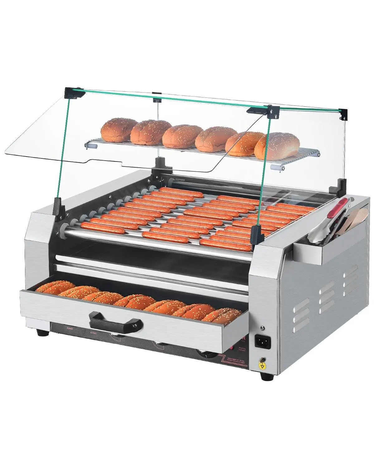 【Summerfinds】VEVOR Hot Dog Roller,  18 Hot Dog 7 Rollers, Stainless Steel Sausage Grill Cooker, 1200W Hot Dog Machine with Bun Warmer, Cover, 3 Temp Control, Side Storage Box, Oil Drip Tray, for Home & Commercial
