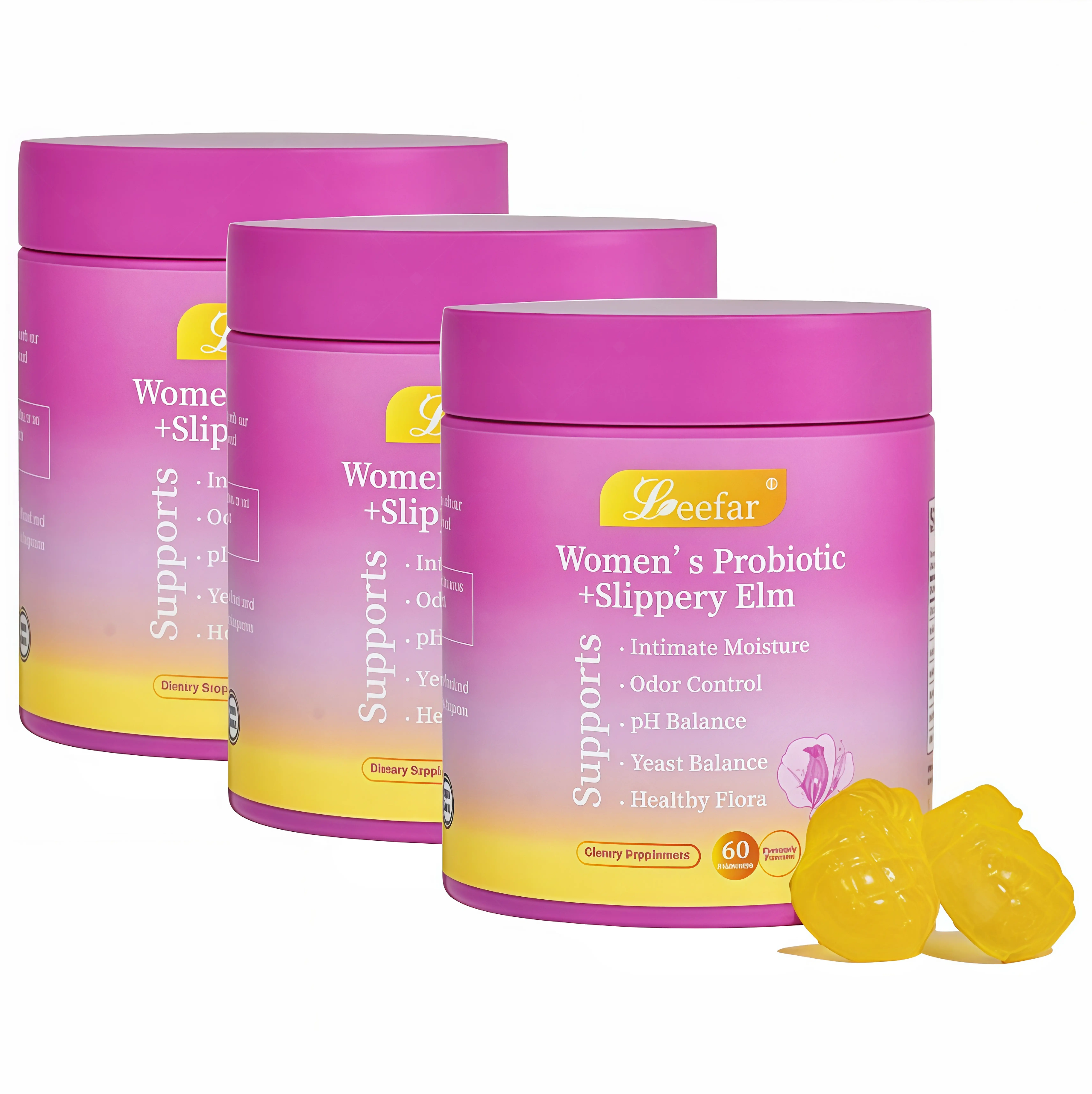 3 Piece LEEFAR Her Probiotics Gummies GD - All in One Solution with Slippery Elm and Prebiotics & Lactobacillus Probiotic Blend for Women's pH Balance and Dryness Hawaiian Pineapple Gummies Dietary Supplement