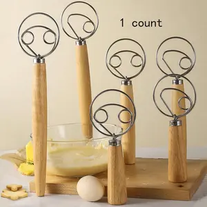 Wood Handle Flour Mixer, Danish Dough Blender, Stainless Steel Wire Egg Beater Tool, Whisk, Kitchen Baking Accessories, Baking Tools, Baking Utensils Supplies, 1 Piece