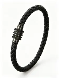 Vintage Braided Leather Bracelet for Men, Titanium Steel Clasp, Durable Leather Cord, Everyday Business Accessory, Gift for Boyfriend