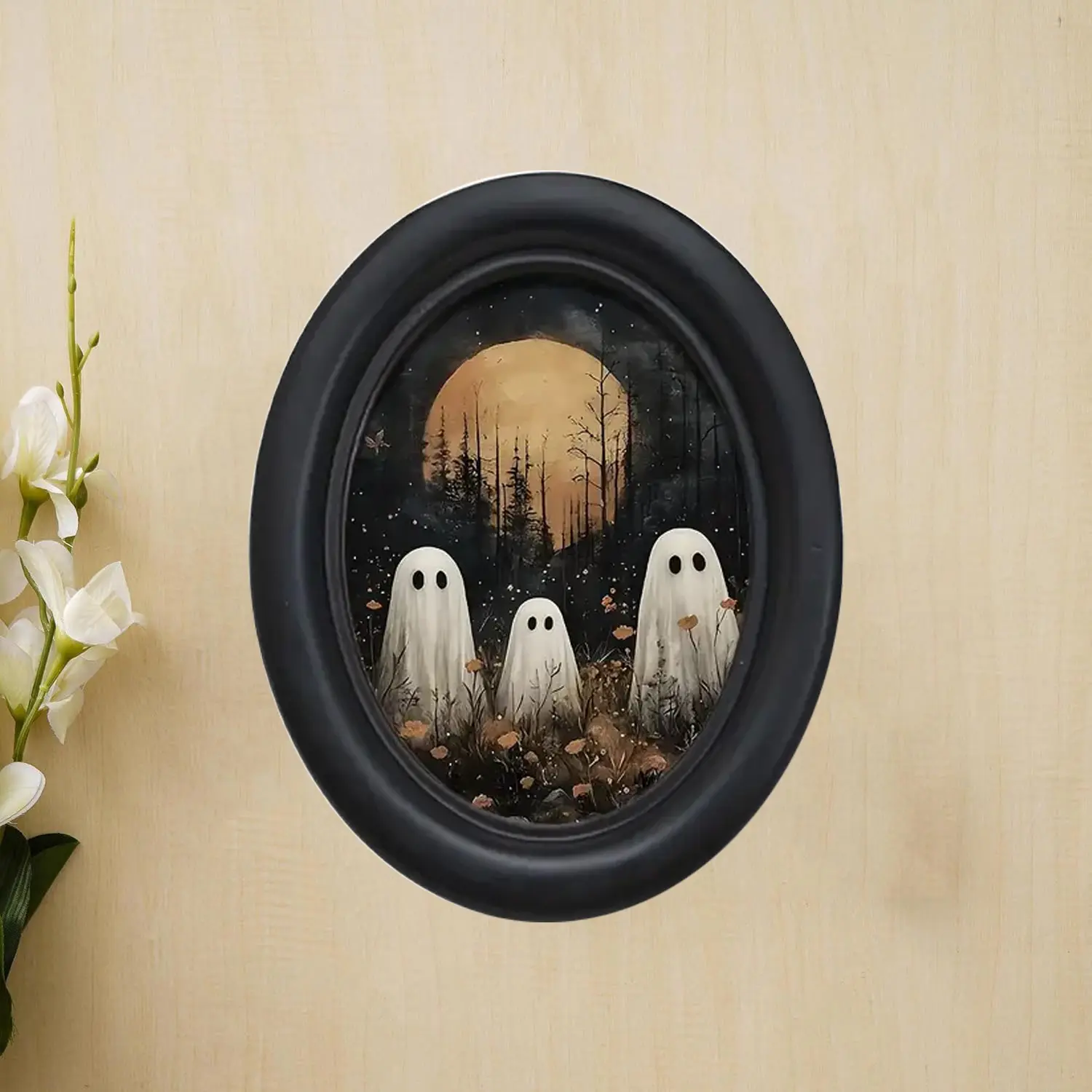 Vintage Halloween Ghost Wall Art, Handmade Oval Wooden Decoration Items, 5.25x4.16 Inch, Perfect for Christmas & Thanksgiving Decorations