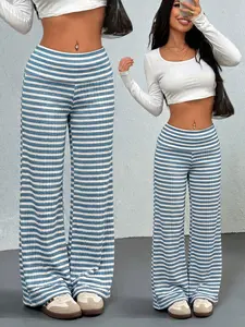 🔥 Viral Foldover Waist Striped Wide Leg Pants | Buttery Soft Ribbed Fabric, Slimming & Stretchy! Perfect for Y2K/Coastal Aesthetic OOTDs, Casual & Streetwear Looks. Get the TikTok Trend Now! ✨