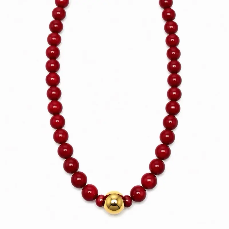 Red Beaded Necklace with Gold Accent - Elegant Coral Beads and Gold Accent for a Stylish Look