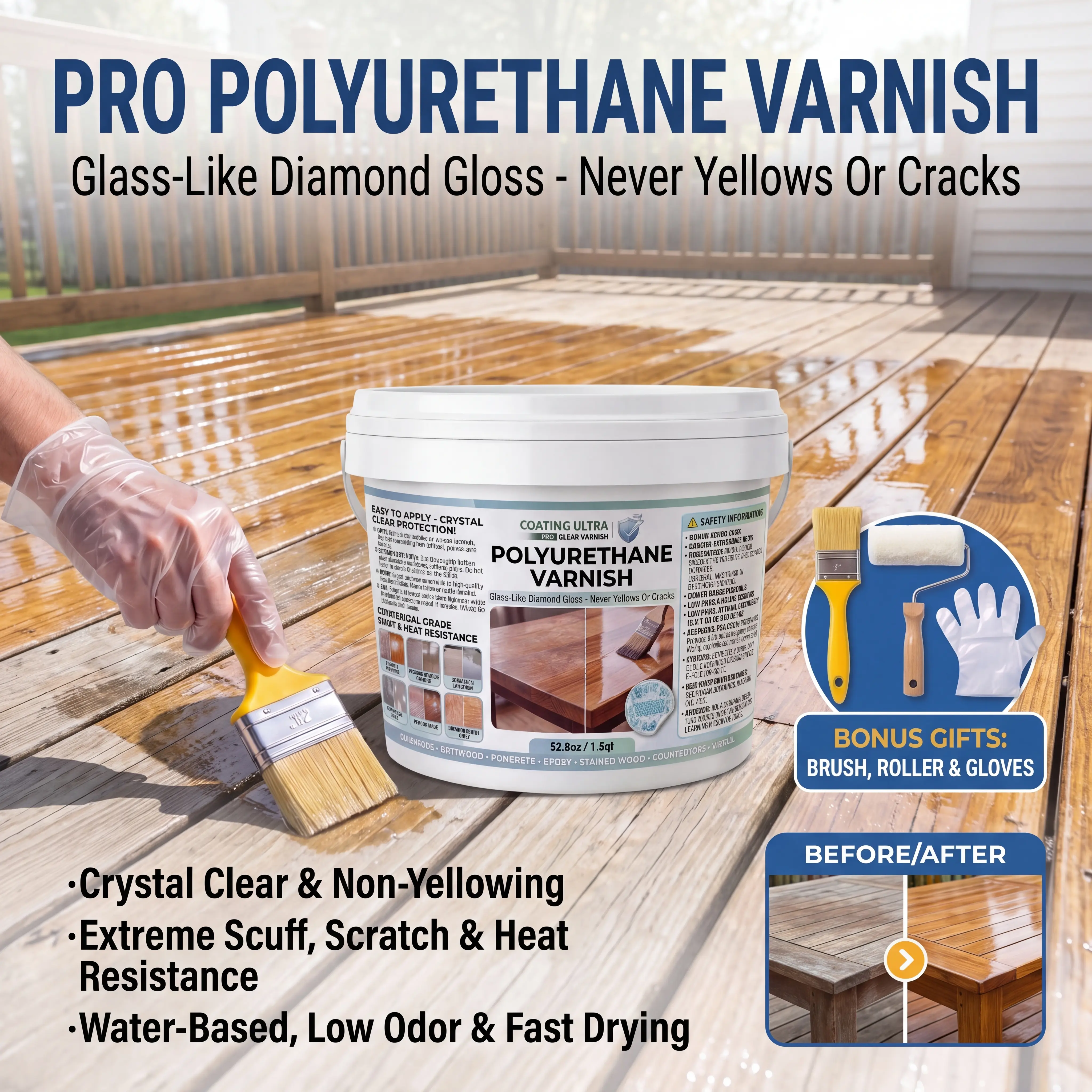 Polyurethane Clear Coat, Waterproof Protective Wood Topcoat Varnish for Furniture & Floors, Scratch Resistant, 0.5 Qt / 1.5 Qt