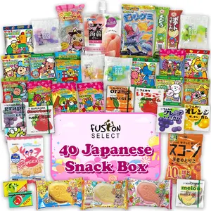Fusion Select 40 Japanese Snack Box Gift Basket - Assorted Dagashi Box from Japan with Bubble Gum, Peach Juice, Fish-Shaped Wafer, Potato Crisps, Animal-Shaped Biscuits, Corn Chips, Gummies