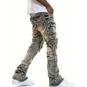 Street Chic, Men's Black Stacked Jeans, Slim Fit Ripped Denim Pants, Destroyed Straight Leg, Harajuku Hip Hop Streetwear, Blend, Non-Stretch, All-Season, Regular Length, Woven Fabric, 255g/m2 - Adult