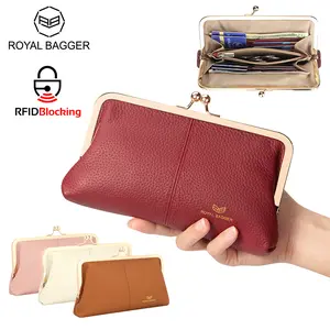 Royal Bagger RFID Kiss Lock Wallet, Solid Color Multi-card Slots Card Holder, Genuine Leather Clutch Purses for Women 1468