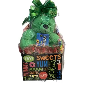 Yummy Yum Gift Box with Green Plush Teddy Bear & Assorted Sweets Snacks Perfect for Kids Food Bundle Dessert