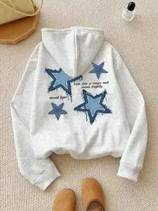 Women's Star & Letter Print Drop Shoulder Thermal Lined Hoodie, Fashion Casual Drawstring Pocket Hooded Sweatshirt for Daily Holiday Outdoor Wear, Women Clothing for Fall & Winter Feliz Navidad Cotton T-Shirt y2k t-shirt