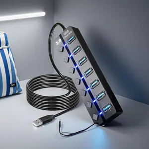1 Premium 3.0 HUB with 7 Ports, 4 USB Ports with Independent Switch and LED Light, Portable Laptop Compatible with MacBook and More, USB Ports Output