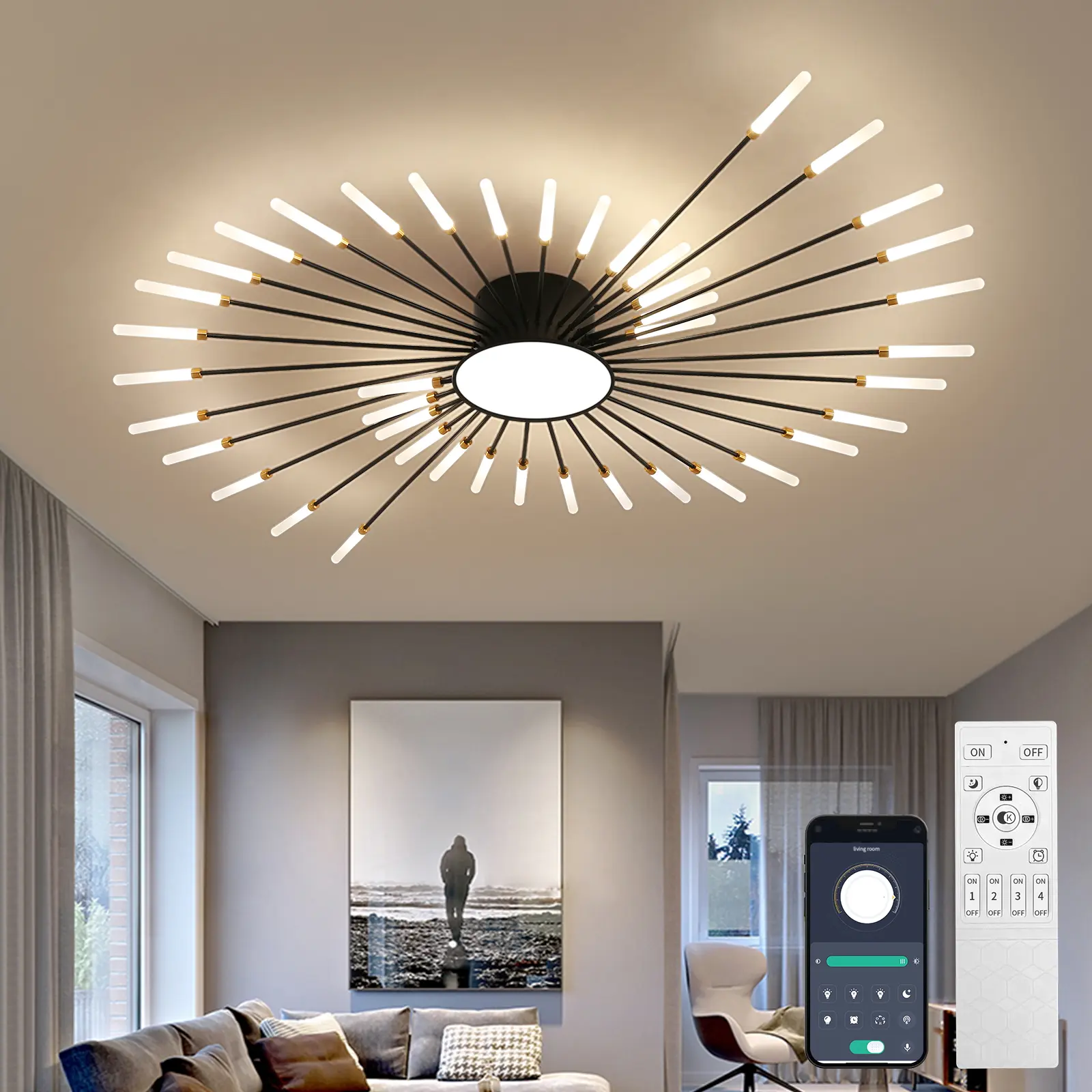 50" Large Sputnik Brass Flush Mount LED Fixture - 43-Light 72W Metalwork, APP/Remote Ctrl, 3000-6500K Stepless Dimmable Iron & Acrylic Aesthetic Tech Ceiling Light for Indoor Large Rooms Living Room,home decor