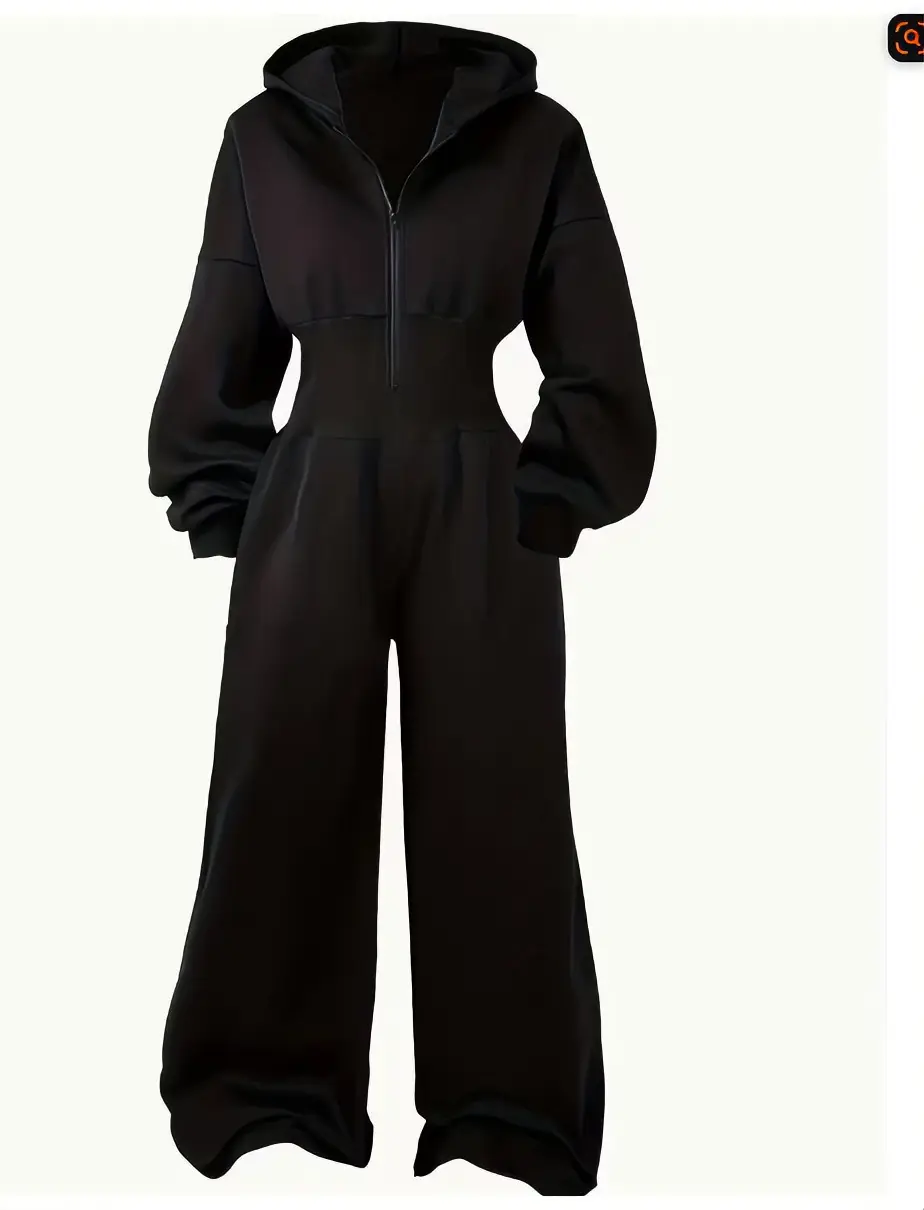 Women's fashion casual jumpsuit, featuring a solid color, hooded design, loose fit, zippered closure, and a cinched waist. It also includes a sweatshirt-style bodice, comfortable wide-leg pants, and is highly versatile for daily wear, commuting