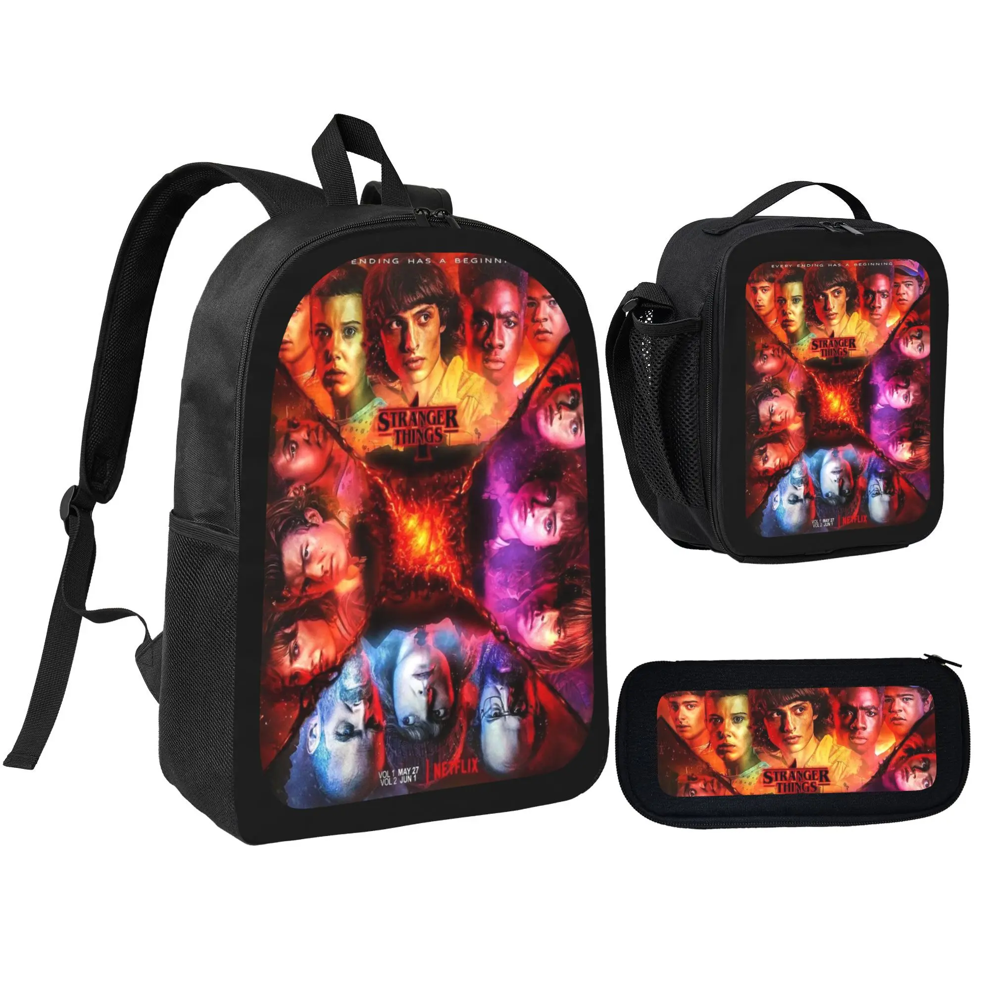 Stranger Things Character 3pcs Backpack Set - Lightweight Polyester Bookbag with Matching Pencil Bag and Insulated Lunchbox for Kids Teens