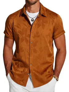 ZAFUL Men's Silky Satin Floral Jacquard Button Up Short Sleeves Shirt Sleeve Button Down Shirt
