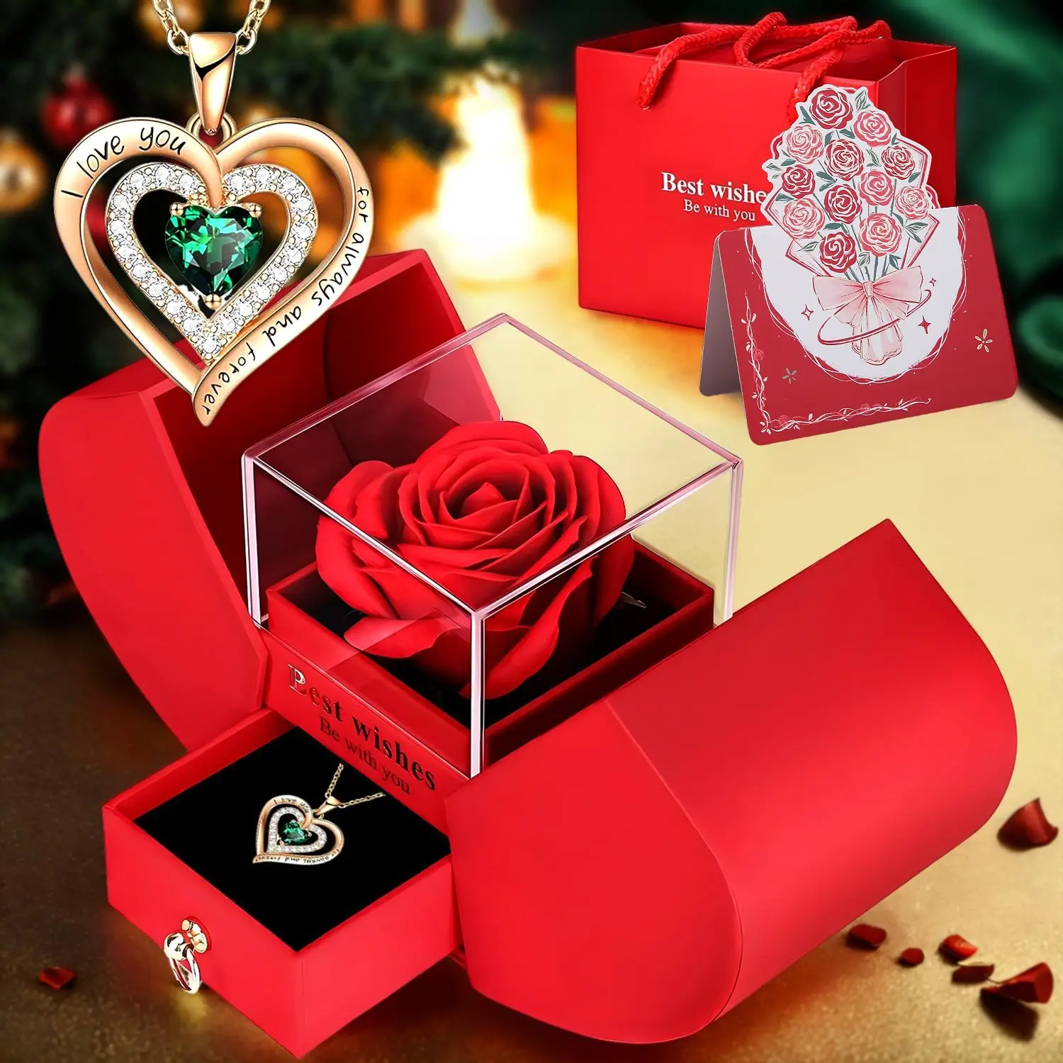 Rose Party Gift Box with Necklace, 1 Set Romantic Rose Gift Box with I Love You Jewel Necklace, Gift for Mom, Wife, Girlfriend, Birthday Gift