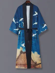 Japanese Retro Ethnic Crane Print Kimono Robe, Long Sleeve Soft Lightweight Fabric Jacket, Unisex Casual Beach Travel Cover-Up, Spring Fall Fashion Style, Womenswear