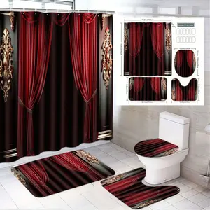 1/4pcs Black Red Gold Bathroom Set, Bathroom Decoration Accessories - Shower Curtain (Vertical Ornate Pattern) + 2 Bath Mats + Toilet Seat Cover (Striped Gold Accents) - Decor for Bathroom, Perfect for Christmas