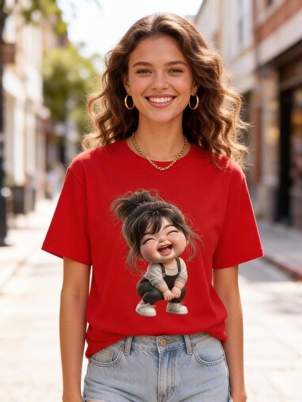 Women's Soft Cotton Short-Sleeve Crew Neck Fitted H-Type Cropped T-Shirt - Valentine's Day Backless Daily Wear Top with Cartoon Chibi Girl Overalls Graphic, Happy Messy Top Bun Heat Transfer Print
