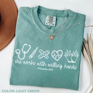 Christian Nurse Shirt, Comfort Colors, She Works With Willing Hands, Bible Verse, RN, LPN, NP, Registered Nurse, Doodle