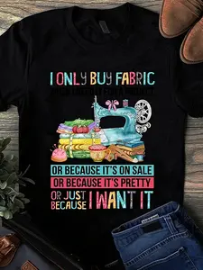 Fabric Lover'S T-Shirt |   I Only Buy Fabric - Sewing & Quilting Graphic Tee - Heavyweight 220GSM Shirt for Sewing Enthusiasts - Unisex Vintage Apparel - Black with Pink & Blue Accents - Crew Neck Regular Fit All-season Wear