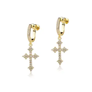 STARCHENIE Elegant 14K Gold Cross Hoop Drop Earrings with Moissanite Stones: Graceful and Glowing Huggie Style - A Fine Jewelry Gift for Her